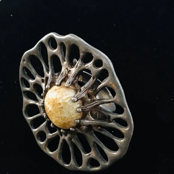 Vintage mid Century Modern Brutalist Fossil Stone Ring - Picture 9 of 14